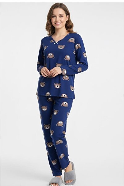 KARSEL Premium Suede Textured Teddy Bear Patterned Pajama Set