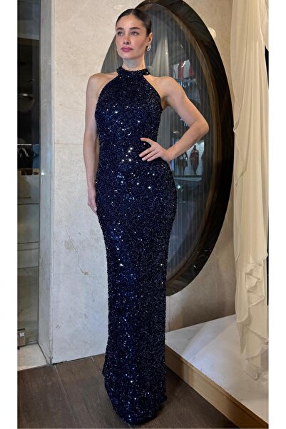 SpringStore Lacivert Halter Yaka Payetli Abiye