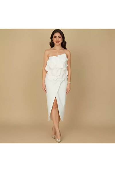 SERA Chic White 3D Floral Crepe Midi Dress