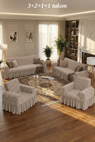 kutlale Jakarlı 3+2+1+1 Osmanlı Desen Koltuk, Kanepe, Çekyat Örtüsü, etekli, ...