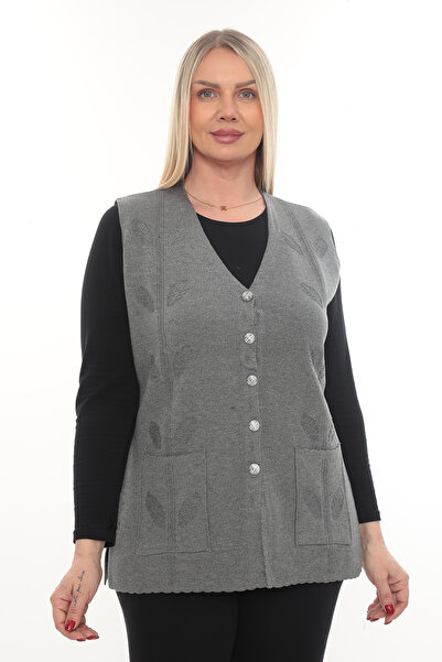 İKSUN Women's Knitwear Pocketed Winter Thick Leaf Patterned Mother's Vest
