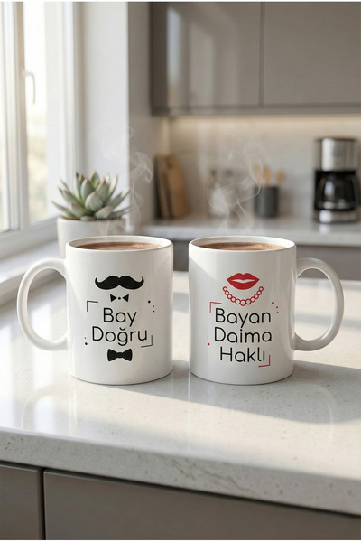MeshCraft3D Mr ve Mrs Tasarımlı Bıyık ve Dudak Temalı Çift Kupası - Bay Doğru...