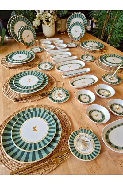 CASA DE BELLA Yeşil Çizgili 76 Parça 12 Kişilik Kahvaltı Takımı