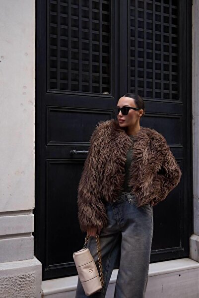 Ecenin Favorileri Brown fringe lined short women's fur coat