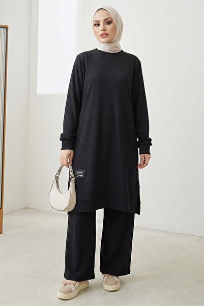 Bestenur Fitilli Arma Detay Tunik Pantolon İkili Takım 1677 - Siyah