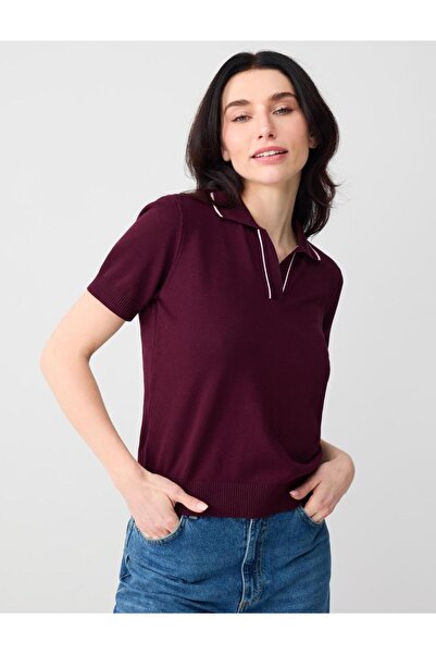 Jimmy Key Bordo V Yaka Kısa Kollu Çizgi Detaylı Triko Bluz