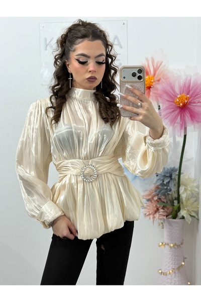KATYDEA STORE Elegant Satin Shirt for Women with Long Sleeves and Marked Waist