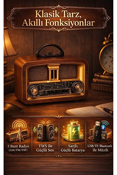 FaroxTech Klasik Ahşap Görünümlü 3 Bant Radyo (AM/FM/SW) - Şarj Edilebilir Bl...
