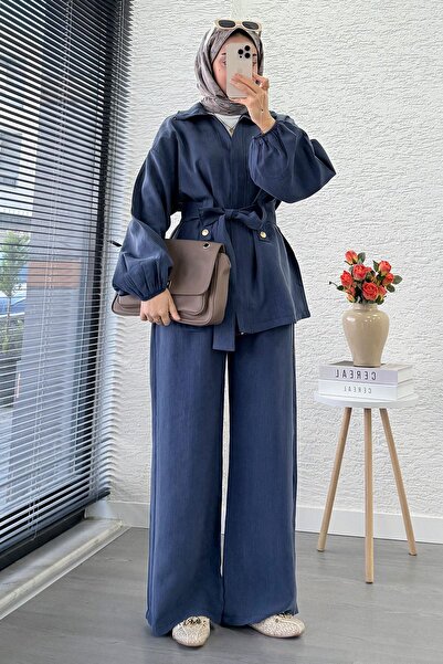 MELEK ARAZ Front Zipper High Neck Women's Two-Piece Suit - Indigo