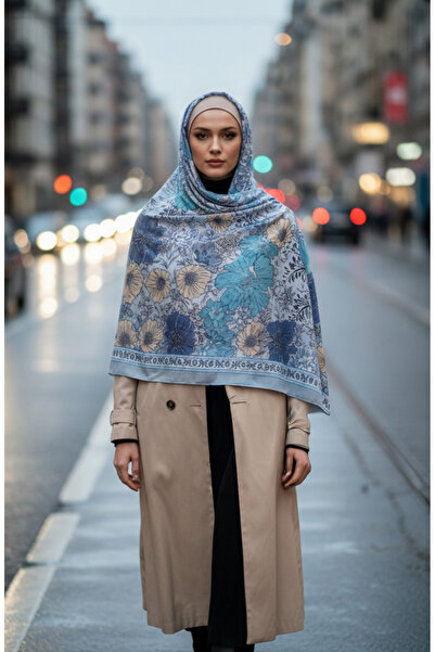 sefamerve Floral Patterned Amber Shawl 70358-07 Ice Blue