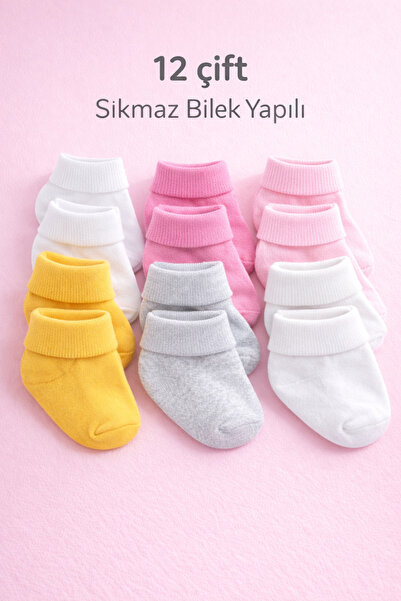 baby socks 12 Çift Çok Renkli Pamuklu Sıkmaz Bilekli Kız Bebek Çorabı 0-6 Ay