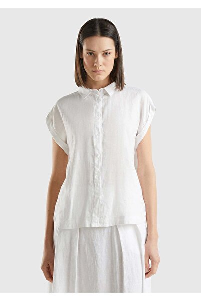 United Colors of Benetton White Women's / Girls' Kdn_100% Linen Short Sleeve ...