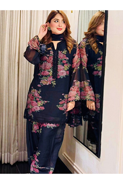 MYSMAR Black Faux Georgette Top Pant & Dupatta Set - HRT3176 | Black