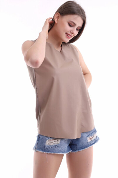 Cool & Sexy Front Leather, Back Knitwear Sleeveless Blouse Mink