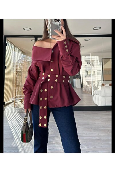 Pelin Jeans Linen Shirt (Off Shoulder) Design with Gold Buttons