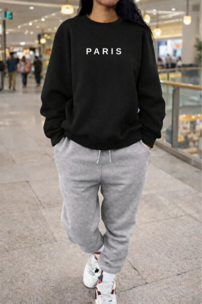 Pink Sky Unisex Paris Printed Crew Neck Sweatshirt & Jogger Tracksuit Set Ove...