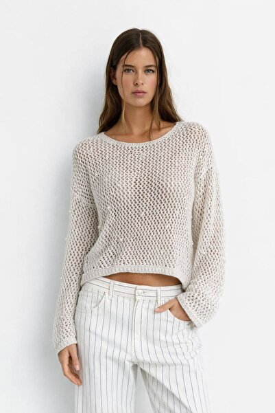 HAKKE İnci Detaylı File Örgü Kadın Triko KAZAK
