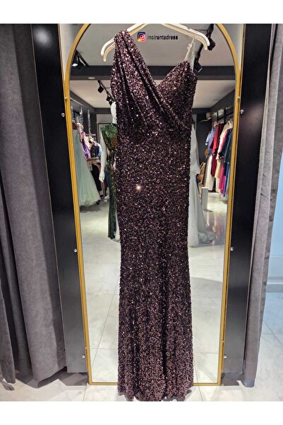 İnci Abiye Kahverengi Pullu Tek Omuz Balık Model Abiye