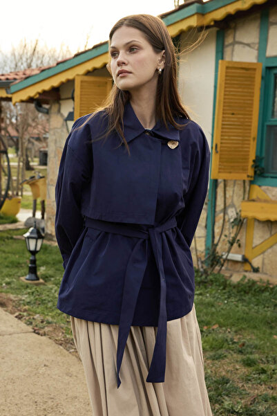 ZÜLAYS Düşük Kol Kruvaze Trençkot Lacivert