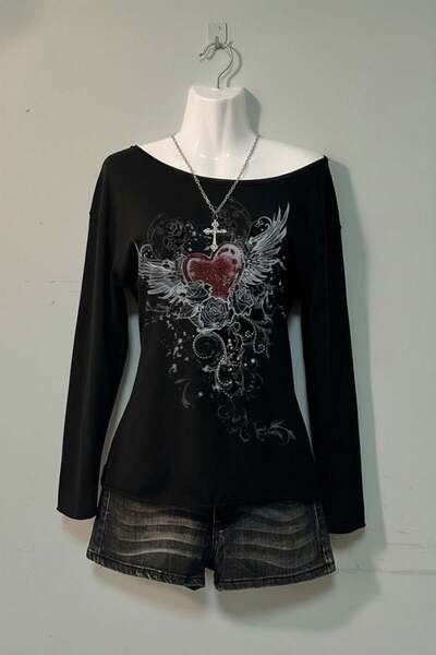 Kirpi Hilmi Siyah Rose Red Heart Gotik Y2K Uzun Kollu Crop