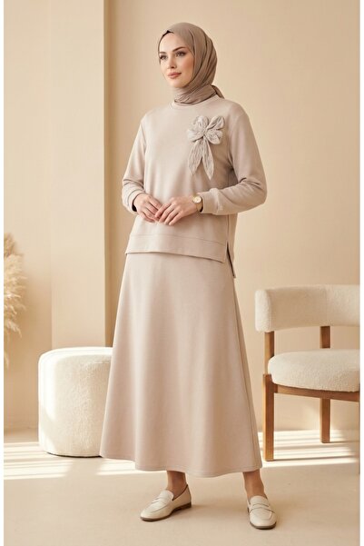 sefamerve Bow Detailed Tunic Skirt Double Set 0237-01 Beige