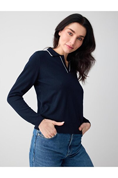 Jimmy Key Синій трикотажний светр з довгими рукавами та поло-коміром