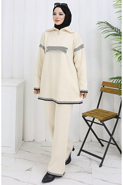 sefamerve Knitted Mock Neck zippered tunic and pants two-piece set 1105-03 beige