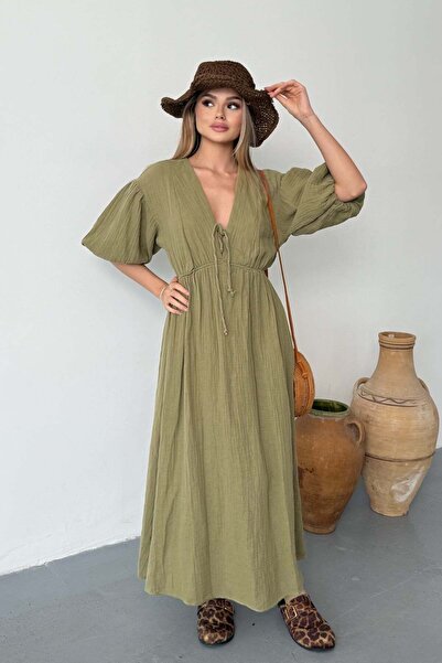 JEE LEE Women's Tie Detail 100% Cotton Long Dress Green - 26Y 3008