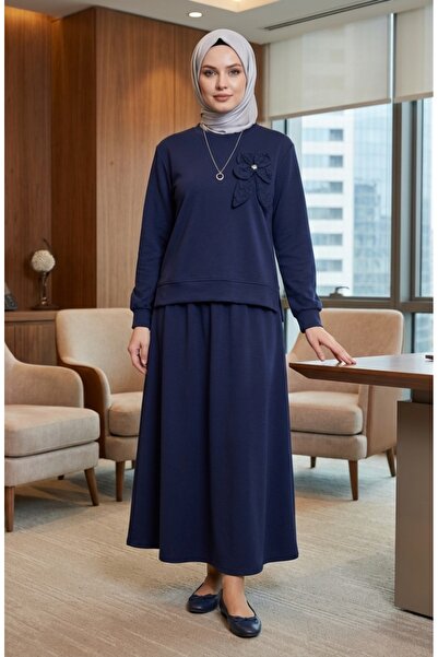 sefamerve Bow Detailed Tunic Skirt Double Set 0237-03 Navy Blue