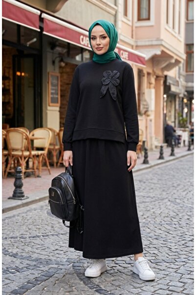 sefamerve Bow Detailed Tunic Skirt Double Set 0237-04 Black