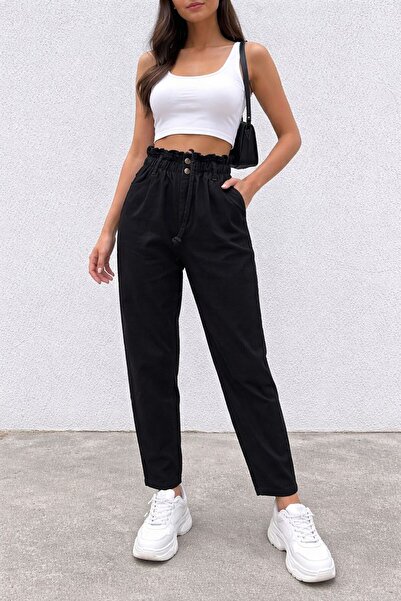 RİONS Bel Elastic Boyfreind Black Stretch Fabric