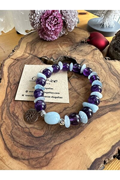 parze doğaltaş Aquamarine and Amethyst Natural Stone Design Bracelet