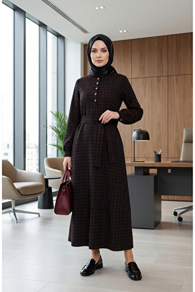 sefamerve Plaid Patterned Belted Hijab Dress 2219-04 Black Pink