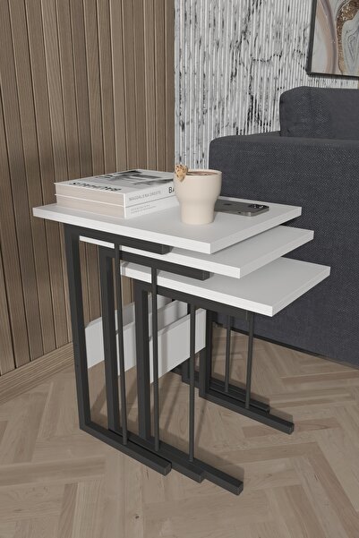 Remaks IRONA METAL AYAKLI 3LÜ ZİGON SEHPA TAKIMI-BEYAZ