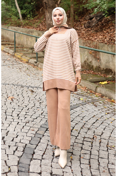 sefamerve Knitwear Turtleneck Striped Tunic Trousers Double Suit 1098-05 Milk...