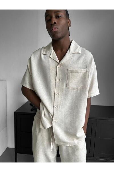 elkumoda Men's Oversized Straw Linen Short Sleeve Linen Bottom Top Set Summer...