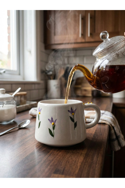 NİVRA GRUP El Yapımı Seramik Kupa Bardak – Mor Lale Desenli Kahve & Çay Kupas...