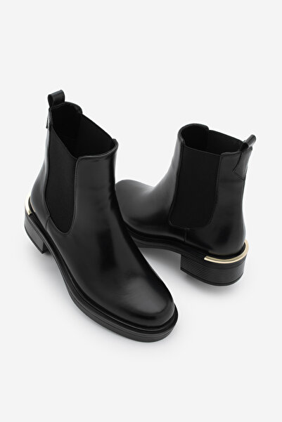 Marjin Women's Thick Heeled Elastic Side Band Chelsea Heeled Boots Ancev Black