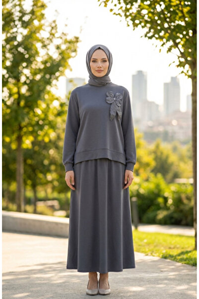 sefamerve Bow Detailed Tunic Skirt Double Set 0237-05 Gray