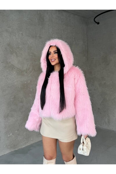 cemo Crop Kesim Kapüşonlu Yumuşak Suni Kürk Mont