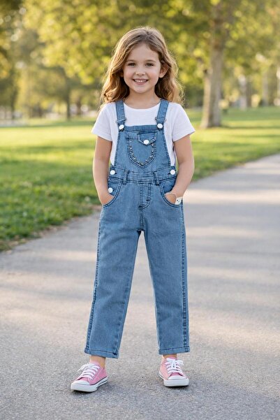 ÇALIŞKAN MODA Savaroski Stone-Set Girls' Denim Jumpsuit/Salopet [3-7 Years Old]