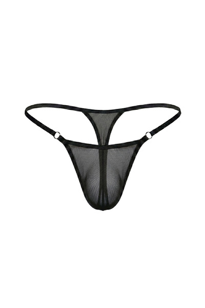 Erkek Siyah Biyeli Transparan Tül Fantazi String Tanga - Metal Halkalı Seksi İç Giyim