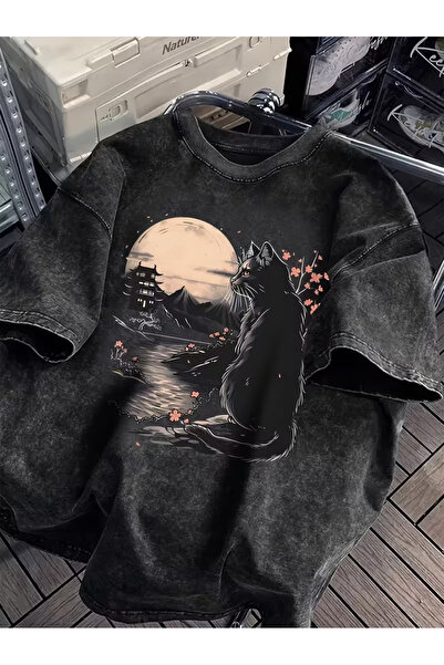 PENTHİLUS Unisex Japanese Style Cat & Flower Graphic Printed T-Shirt – Casual...