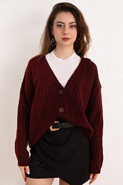 zhrcelebi V-Neck Knitwear Cardigan 44119 - Bordo