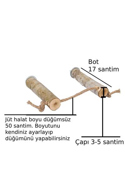 X-Perk Doğal Ağaç Kuş ve Papağan Tüneği Jüt Halatlı Doğal Ahşap Tünek 2'li se...