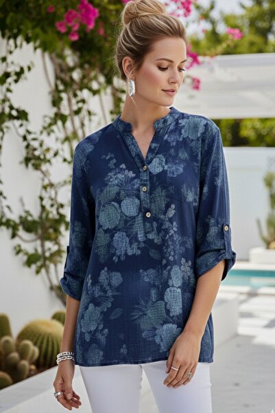 Chiccy Italian Jean Blue Judge Collar Buttoned 3/4 Sleeve Floral Pocket Linen...