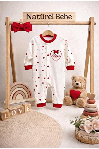 NATÜREL BEBE GİYİM KIZ BEBEK TULUM KALP BASKILI BANDANALI ÇITÇITLI