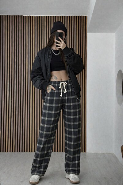 RE7EDİ grı beyaz çizgili Harajuku Kare Desenli Unisex Pijama Eşofman