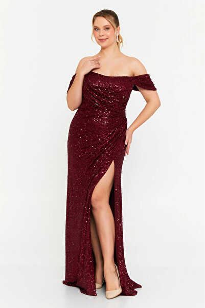 ŞEREF VURAL Women's Plus Size Sequin Off Shoulder Maxi Evening Dress 8393 Bur...