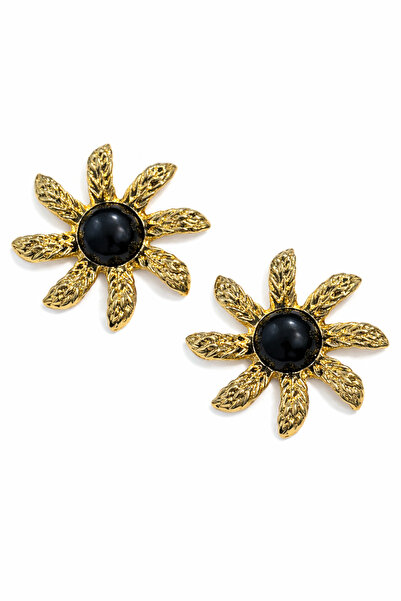 PABALAS Women's Gold Color Black Stone Flower Shaped Nail Earrings